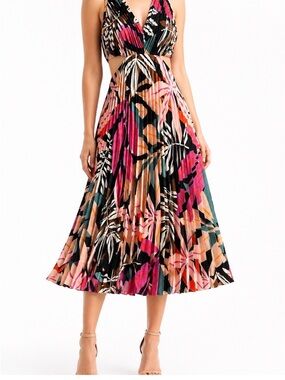 MELLODAY Tropical Cutout Halter Dress in Pink, Black & Green